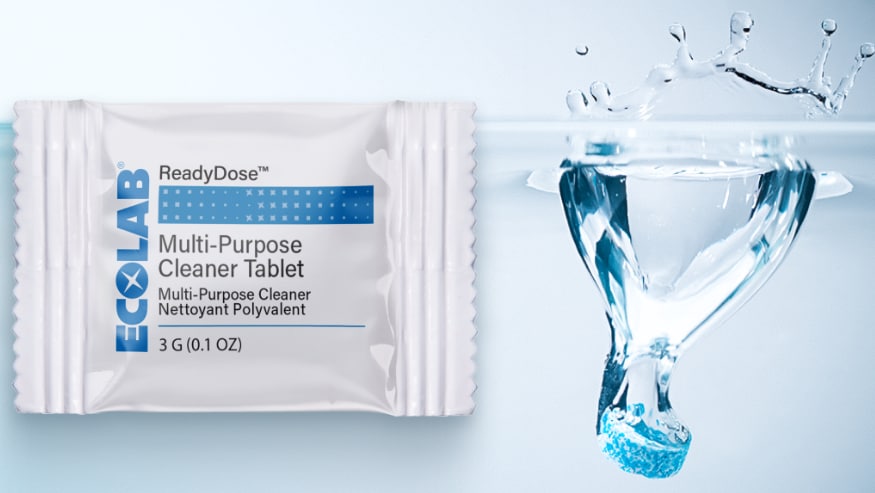 Ecolab ReadyDose Multi-purpose Cleaner Tablet product, and a water-dissolving cleaning tablet
